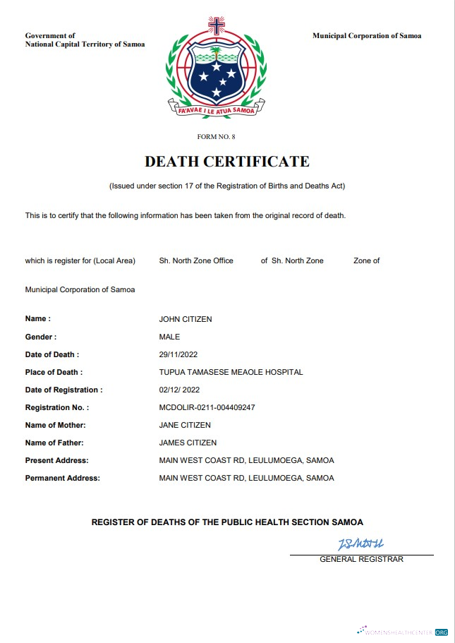 Download Samoa death certificate Word and PDF template Photoshop template